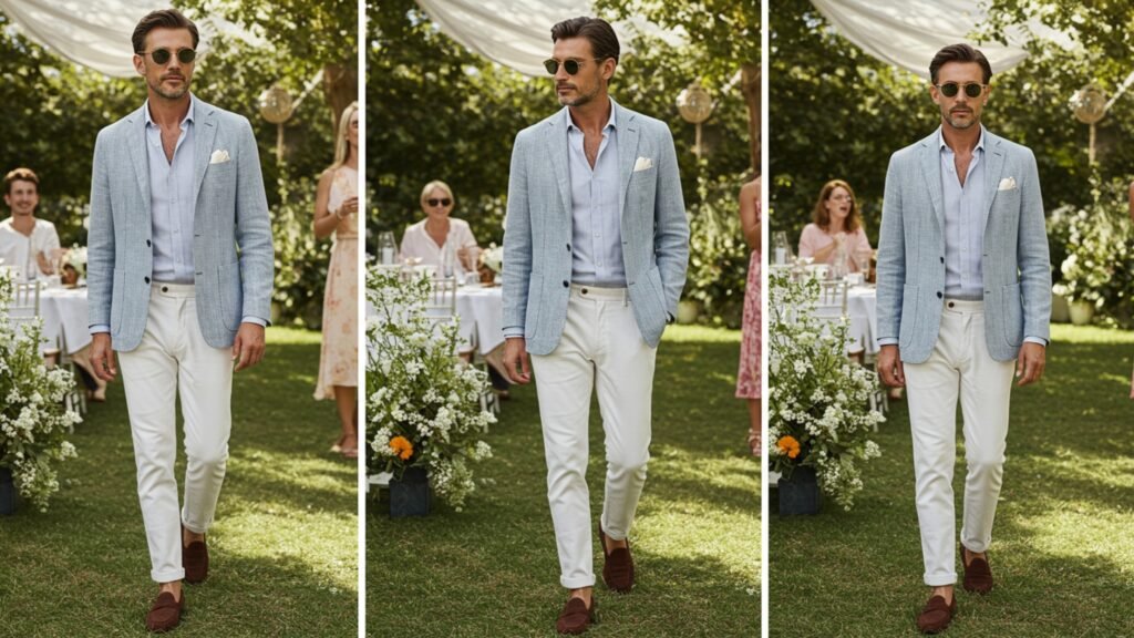Seersucker Blazer with White Trousers